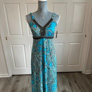 INC International Concepts Turquoise Blue Brown & Silver Beaded Maxi Dress NWT